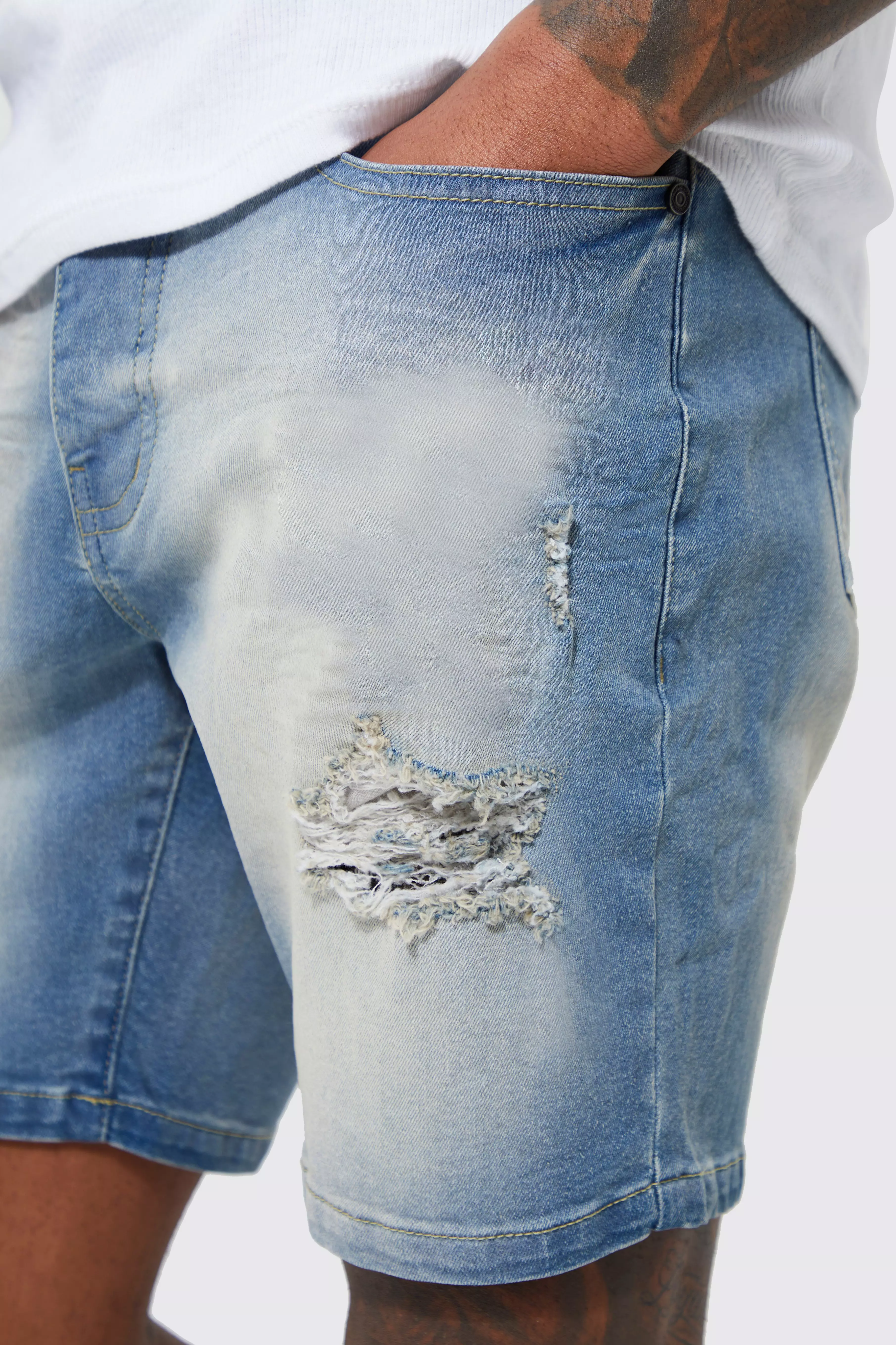 Stretch distressed 2025 denim shorts